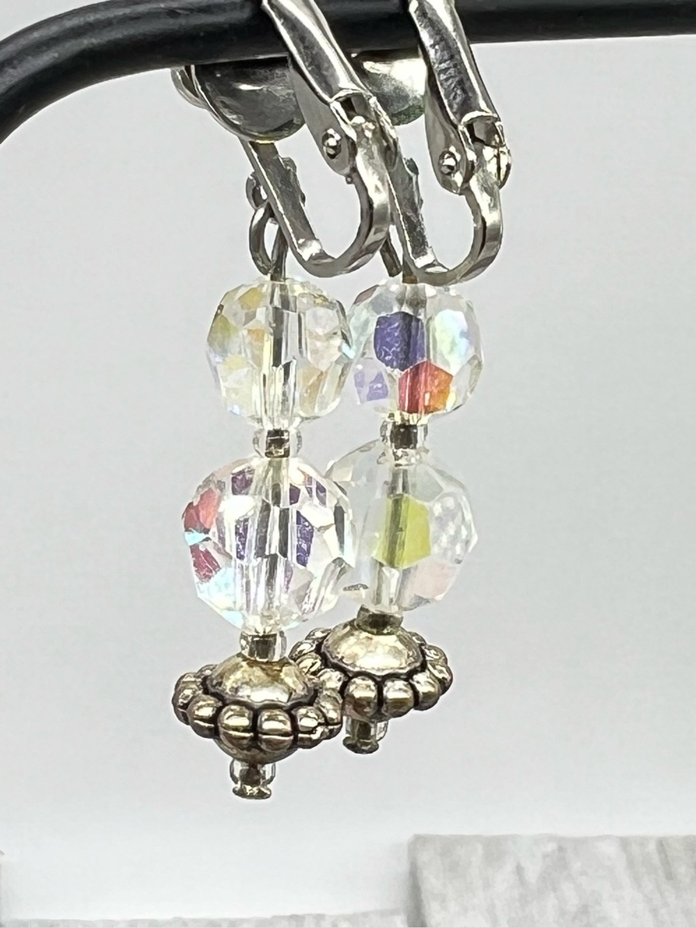 345. Vintage Cut Crystal Aurora Borealis Dangle Clip-On Earrings - Circa 1950s